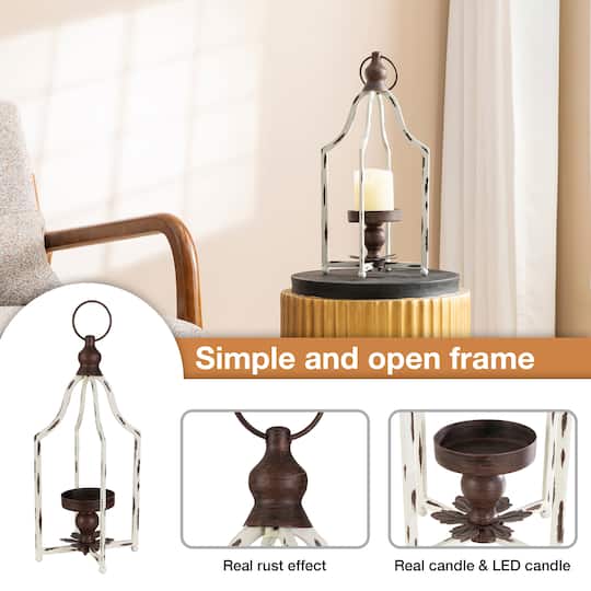 Glitzhome® 16.5" Modern Farmhouse White & Brown Metal Candle Lanterns,2ct.